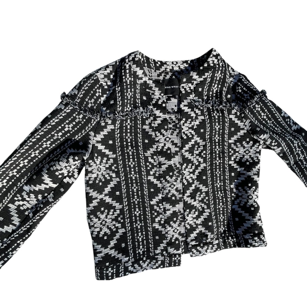 Who What Wear Womens Black White Geometric Fringe Cropped Jacquard Jacket Medium